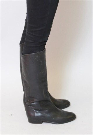 VINTAGE 1980'S FLAT BLACK WESTERN EMBROIDERED LEATHER BOOTS