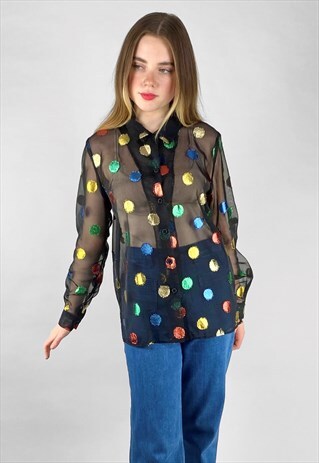 80'S SHEER BLACK LONG SLEEVE METALLIC POLKA DOT BLOUSE