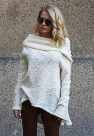 WHITE SWEATER KNITWEAR DRESS PULLOVER KNIT BLOUSE F1651