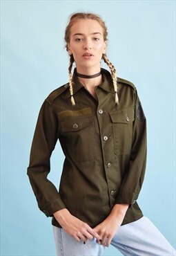 90's retro military style khaki denim shirt top