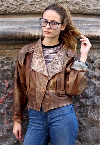 VINTAGE LEATHER BIKER JACKET BROWN