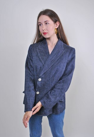 BLUE LINNEN VINTAGE STRIPED BLAZER, SIZE M