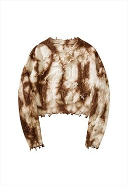 Cropped tie-dye sweater gradient jumper rip pullover brown