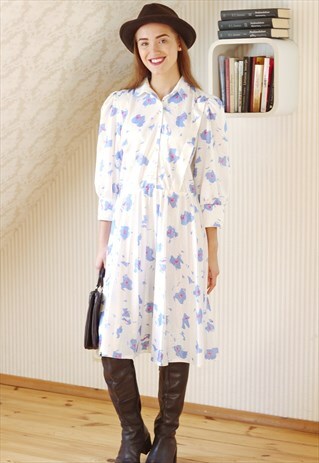 WHITE BLUE FLOWERS LONG SLEEVE DRESS