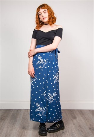 90'S RETRO BLUE FLOWER PATTERN WRAP AROUND MAXI SKIRT