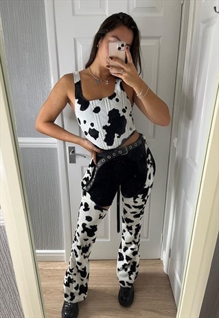 HANDMADE COW PRINT VELBOA CUT OUT FLARED TROUSERS