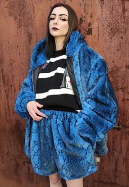 Python fleece shorts handmade snake fur cargo overalls blue