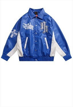 Faux leather retro varsity jacket baseball bomber in blue