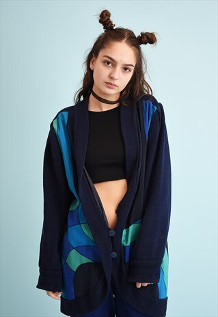 80'S RETRO KNIT NAVY BLUE OVERSIZED CARDIGAN TOP