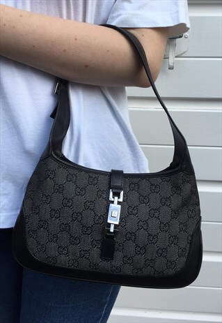 WOMENS GUCCI HANDBAG BLACK GREY MONOGRAM PRINT BAG PURSE