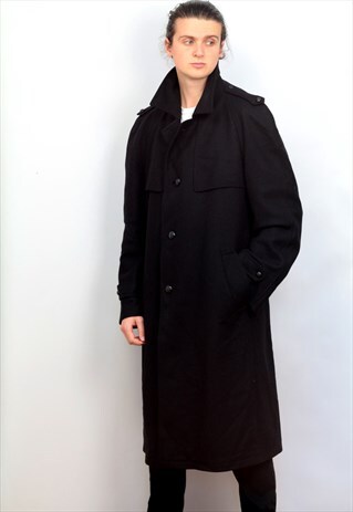 1980'S VINTAGE BLACK WOOL 3/4 LONG LENGTH TRENCH COAT