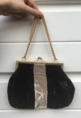 WOMENS VINTAGE 50S 60S HANDBAG FAUX VELVET FEEL BROWN CLUTCH