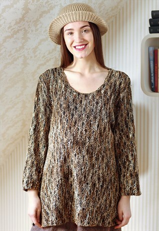 BROWN WHITE AND BLACK KNITTED CROCHET JUMPER