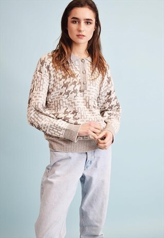 90'S RETRO ABSTRACT KNIT NEUTRAL OVERSIZED DADS JUMPER TOP