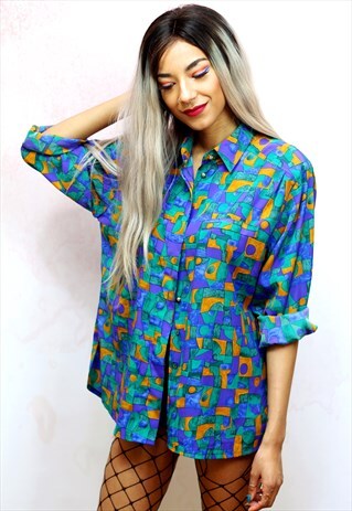 1990S VINTAGE SILKY GREEN,BLUE AND RUST PATTERNED SHIRT