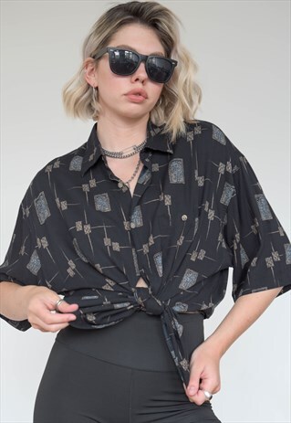 VINTAGE 90S SHIRT SHORT SLEEVED IN BLACK BEIGE PATTERN
