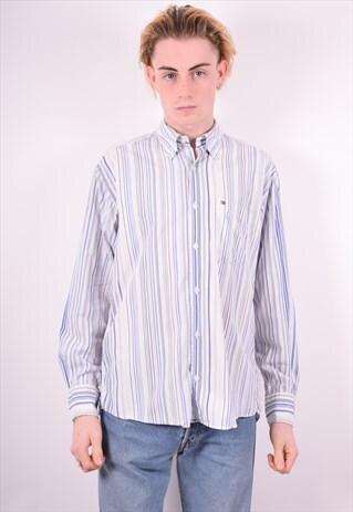 TOMMY HILFIGER MENS VINTAGE SHIRT LARGE WHITE STRIPES 90'S