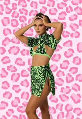 TOKOFOXX SEQUIN FESTIVAL SKIRT NEON GREEN TIGER PRINT