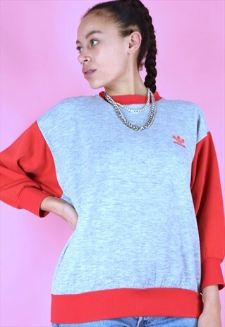 VINTAGE 90S ADIDAS JUMPER SWEATER GREY RED LOGO