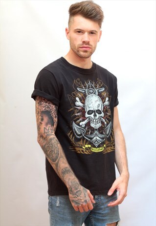 1990'S VINTAGE BLACK GRAPHIC ANCHOR & SKULL T-SHIRT
