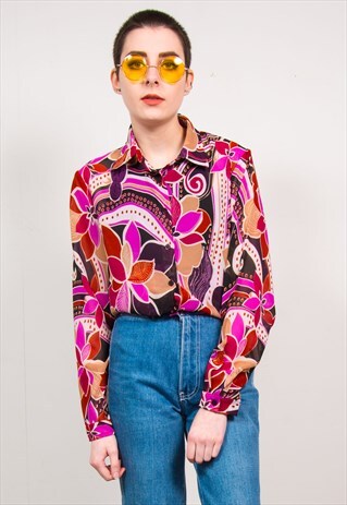 VINTAGE 90'S PINK FLORAL PRINT SHEER LONG SLEEVE SHIRT