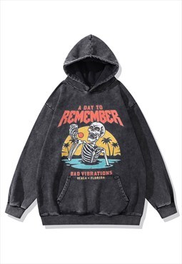 Skeleton print hoodie bones pullover Florida slogan top grey