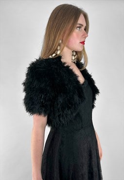70's Vintage Short Sleeve Black Feather Shawl Cape Jacket