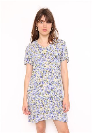 VINTAGE 90S BLUE GREEN FLORAL PRINT MINI DRESS