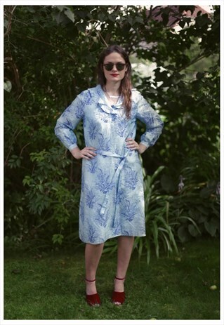 VINTAGE 60'S MIDI BLUE FLOWER PRINT LONG SLEEVE DRESS