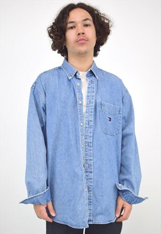 VINTAGE 90'S TOMMY HILFIGER BLUE DENIM LONG SLEEVED SHIRT