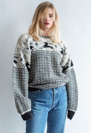 VINTAGE 80S UNISEX WOOL NORDIC JUMPER IN OVERSIZED FIT