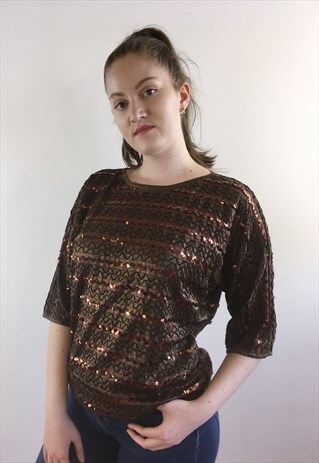 WOMENS VINTAGE 80S TOP BROWN SEQUIN SPARKLY BATWING SHIRT