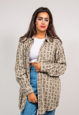 VINTAGE 90'S BEIGE PATTERNED FESTIVAL OVERSIZE FLANNEL SHIRT