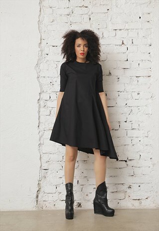BLACK ASYMMETRIC DRESS/ SHORT SLEEVED DRESS,
