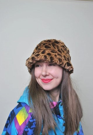 Leopard bucket hat, women vintage winter rave hat