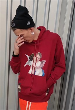 Angel print hoodie religious graphic oversized pullover red