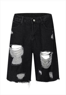Ripped denim shorts shredded jean skater pants in black
