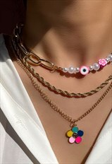 Festival boho acrylic gold pearl necklace stack