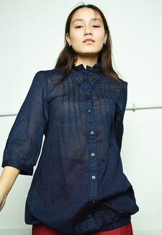 NAVY BLUE SHEER EASY FITTED COTTON TUNIC BLOUSE TOP