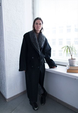 VINTAGE 80'S GREY FAUX FUR COLLAR WOOL COAT