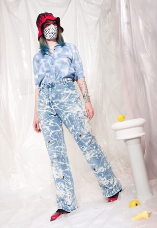 VINTAGE JEANS Y2K SPIDER BEAD ACID BLEACH FLARE DENIM PANTS