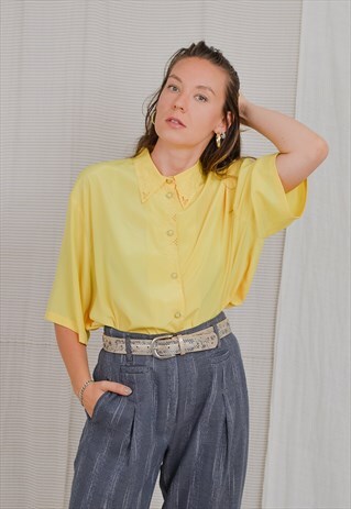 YELLOW SHIRT VINTAGE BLOUSE LACE COLLAR TOP SHORT SLEEVE 5XL