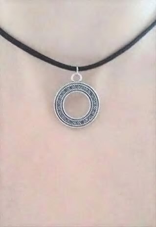 silver circle choker - black suede choker necklace