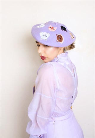 LILAC BERET WITH CRAZY CAT LADY EMBROIDERY