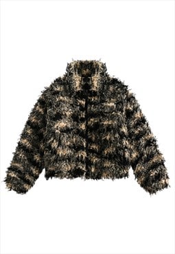 Cropped fax fur jacket retro fluffy striped coat in black