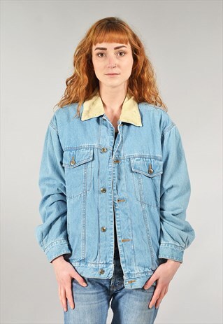 VINTAGE LIGHT BLUE LINED CORDUROY COLLARED DENIM JACKET