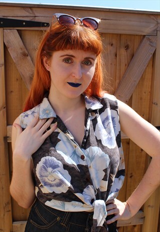 VINTAGE 80'S BROWN & BLUE FLORAL PRINT CROP TOP