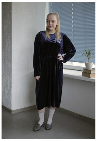 VINTAGE 80'S BLUE VELVET LONG SLEEVE MIDI DRESS