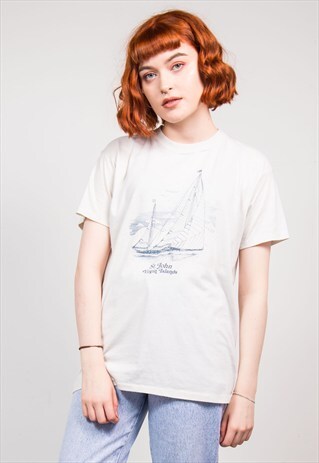 VINTAGE 80'S CREAM USA VACATION T-SHIRT