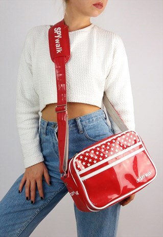 SPYWALK VINTAGE Y2K MESSENGER BAG RED FAUX PATENT LEATHER
